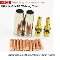 Chalumeau à souder 15ak, 14 pièces, consommables, 0.6 1.2mm, MIG, support de buse de gaz, accessoires d'équipement de soudage 