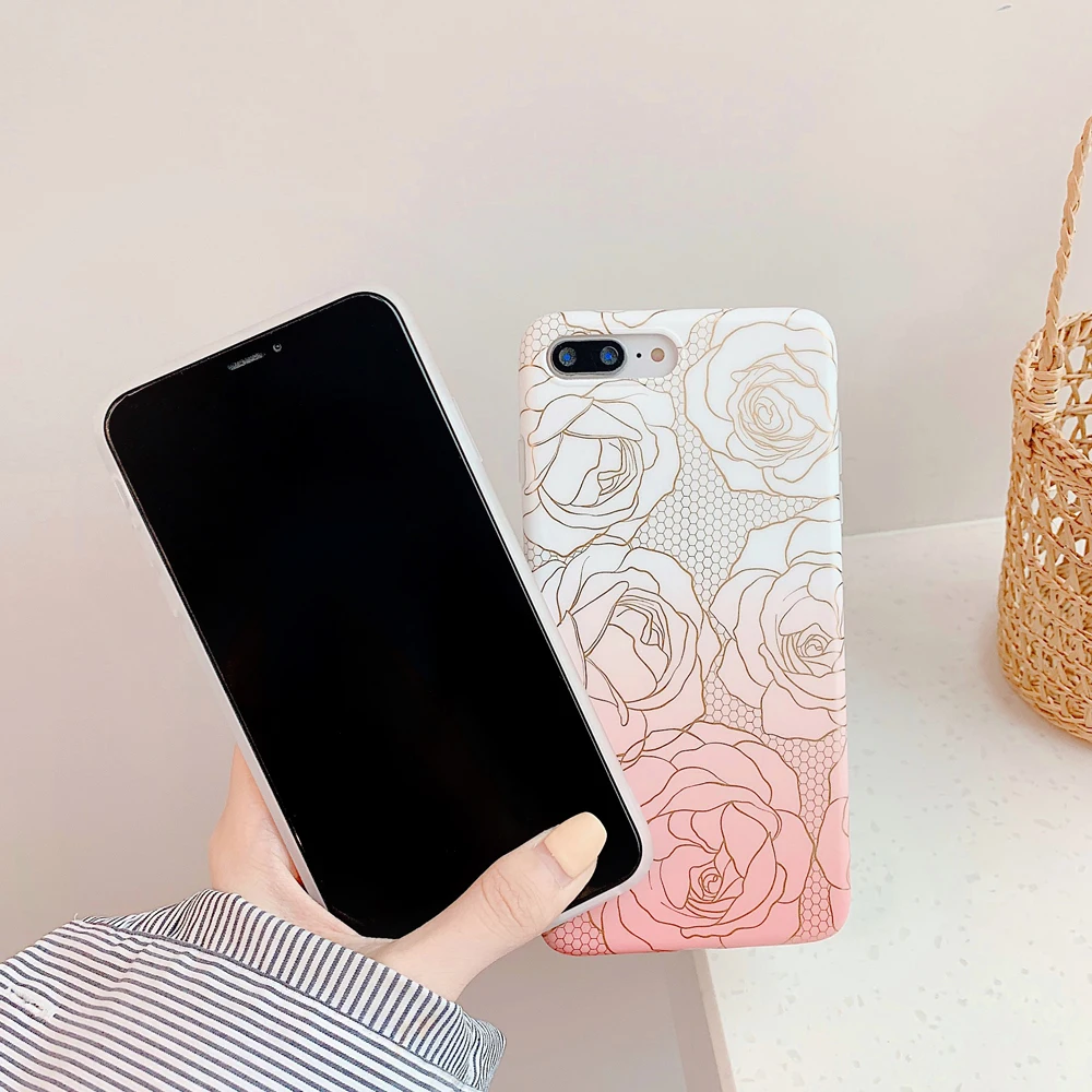 Блестящий розовый цветы градиентные Чехлы для iPhone 7 8 Plus 6 6S X мягкий чехол телефона