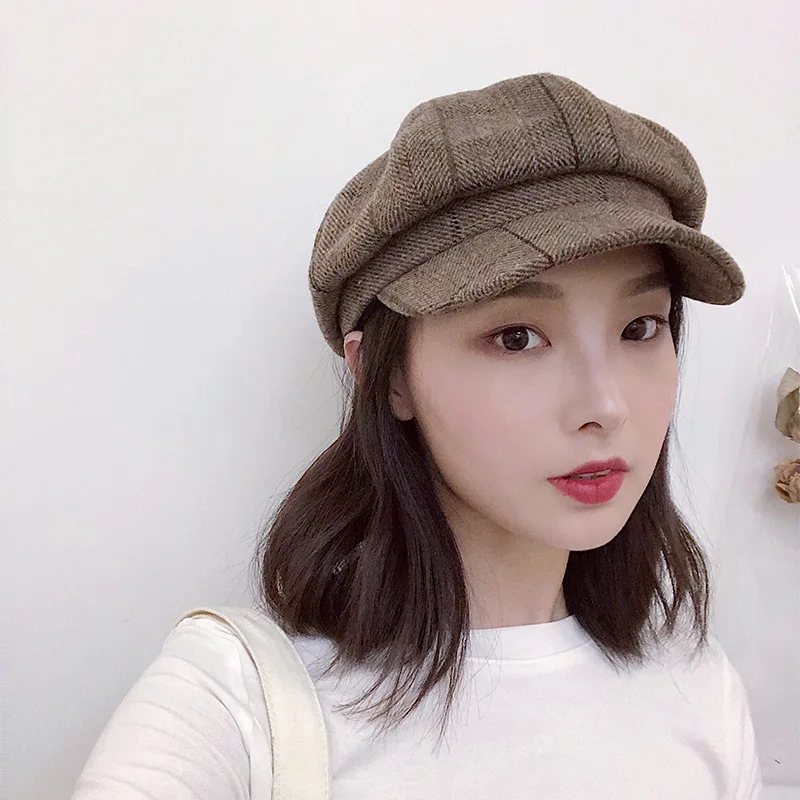 

Beret Women's British-Style Casual Versatile Plaid Octagonal Cap Korean-style Simple Retro Students Cricket-cap Hat Men's Fashio