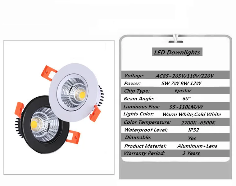 Круглый Диммируемый встраиваемый COB светодиодный светильник 5 Вт 7 Вт 9 Вт 12W15W светодиодный точечные потолочные светильники AC85~ 265 В Теплый Холодный белый светодиодный освещение для помещений