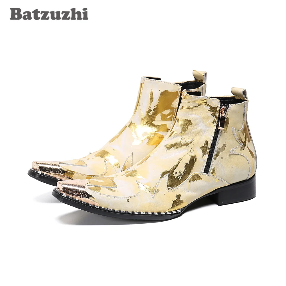 Batzuzhi Luxury Handmade Men Boots Pointed Iron Toe Men's Leather Ankle Boots Gold Rock Party and Wedding Footwear botas hombre