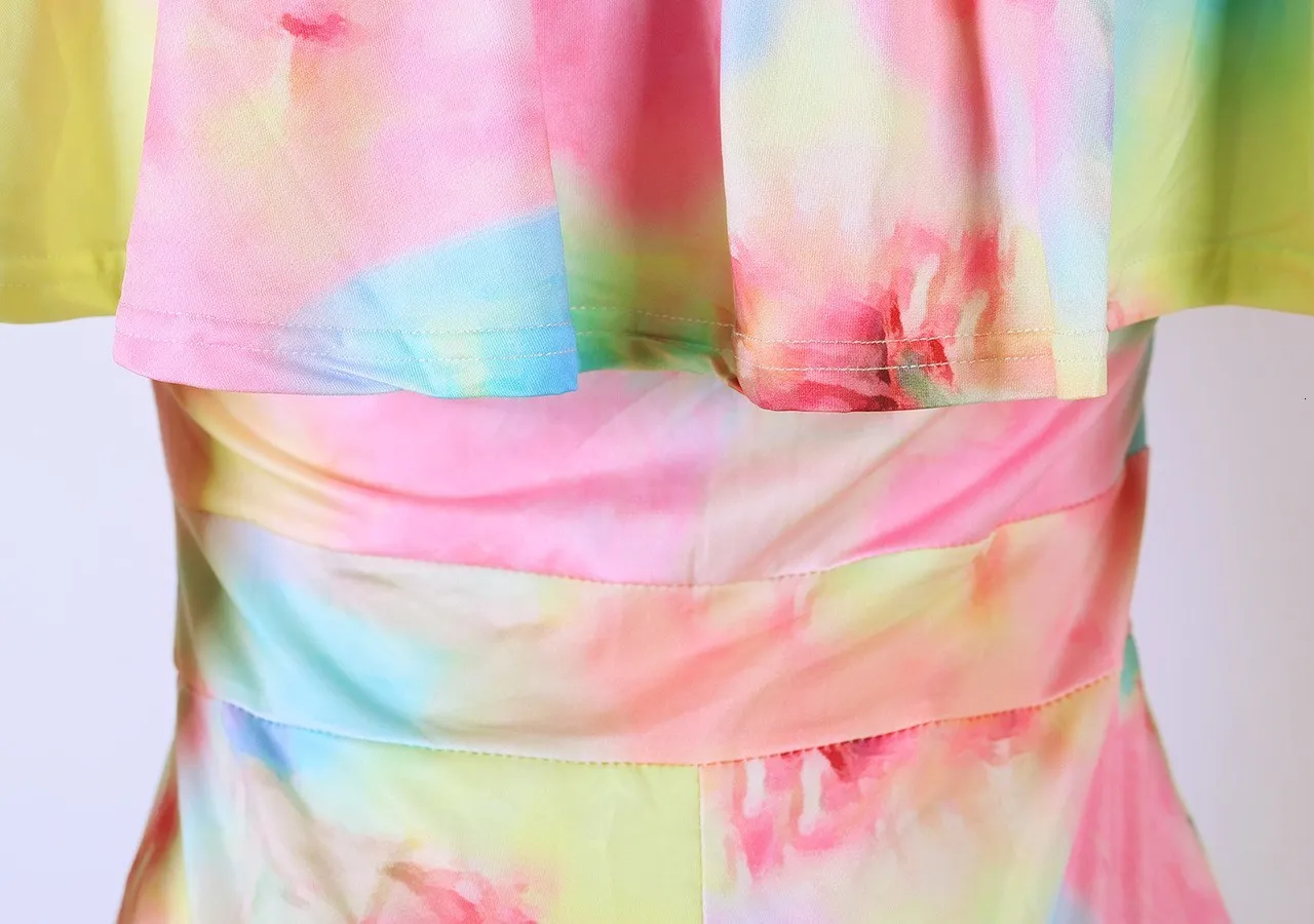 Tie Dye принт размера плюс бандажный комбинезон для женщин с вырезом лодочкой и рюшами сексуальный комбинезон летний пляжный обтягивающий комбинезон с открытой спиной