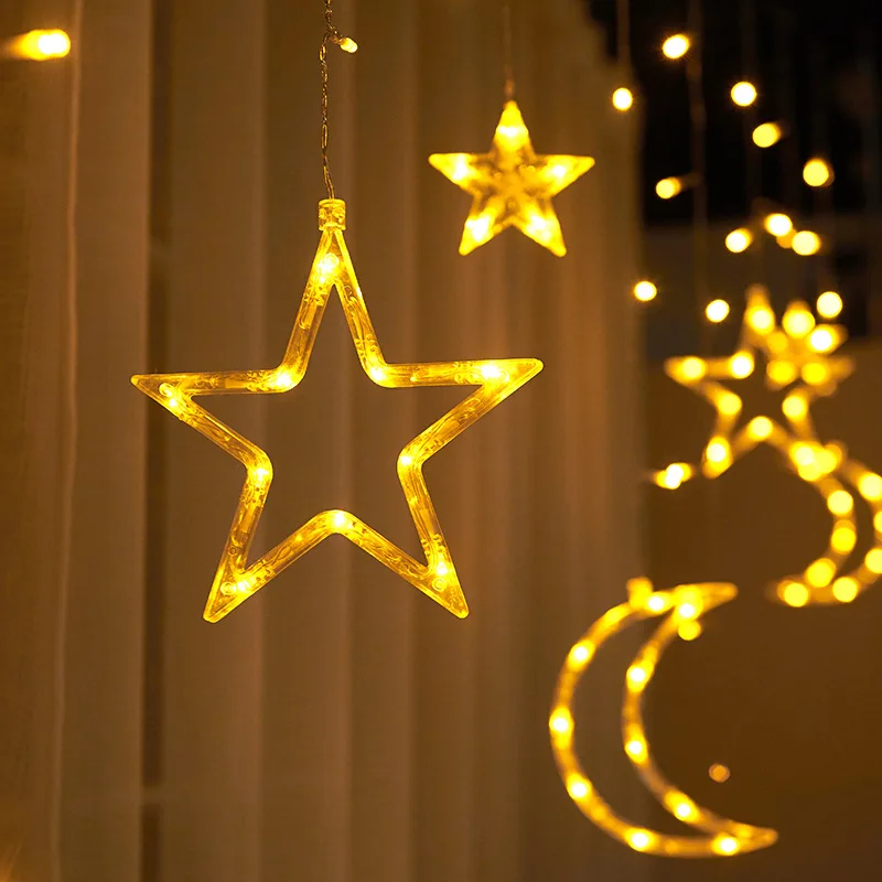 Светодиодный светильник-занавеска с Лунной звездой, 220 В, штепсельная вилка европейского стандарта, сказочные рождественские гирлянды, наружное украшение, праздничный фестиваль, светодиодный мерцающий свет