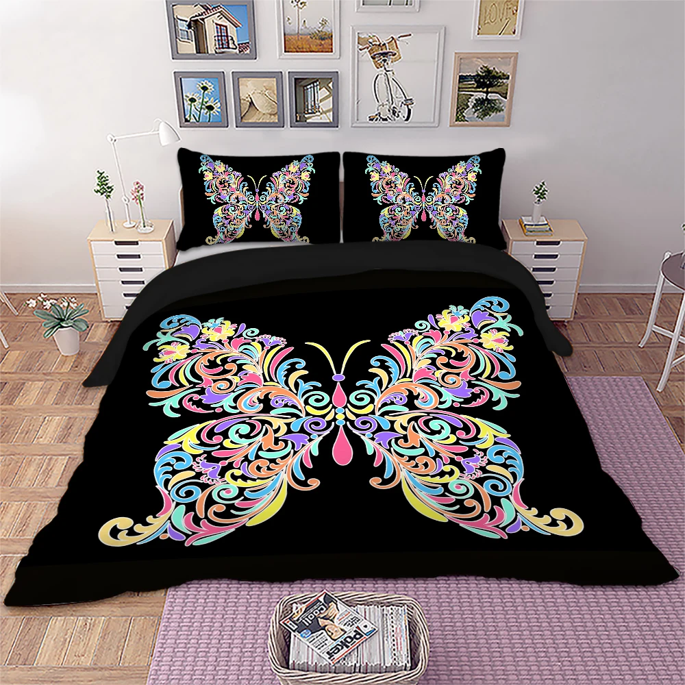 

Colorful Butterfly Bedding set Black Color Duvet Cover Pillowcases Twin Full Queen King Size bed set home Textiles