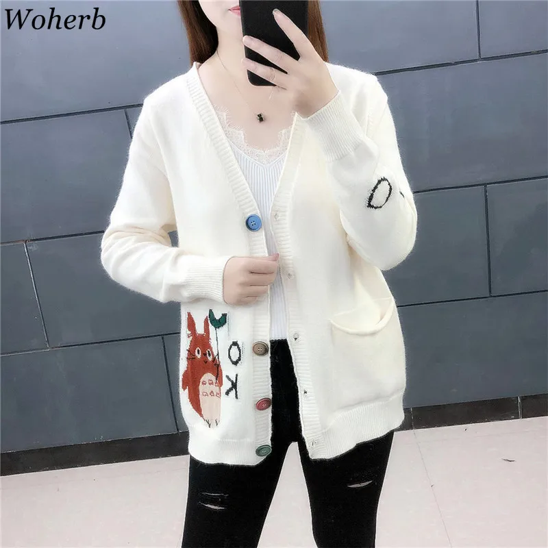Woherb кардиган Женские топы v-образный вырез длинный рукав однобортный Тоторо мультфильм свитера для женщин Повседневное вязаное Свободное пальто студентов