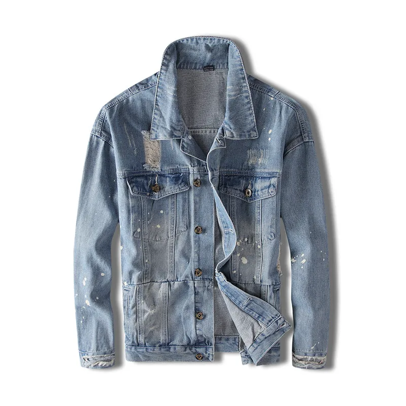 

KIMSERE Fashion Hi Street Men's Ripped Denim Trucker Jacket With Holes Painted Destroyed Jean Jacket Outerwear Streetwear