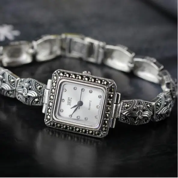 white Новинка 925, серебряные браслеты из серебра S925 пробы для женщин, персонализированные красивые женские Ретро браслеты с часами, новая мода - Metal Color: white