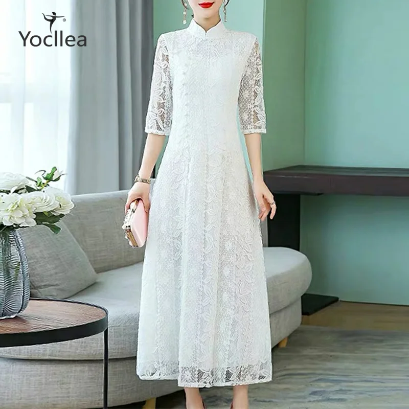 Белое кружевное платье для женщин, летнее, открытое, цветочный узор, Qipao, вечерние платья, модные, элегантные, 4XL размера плюс, длинные платья, vestiods