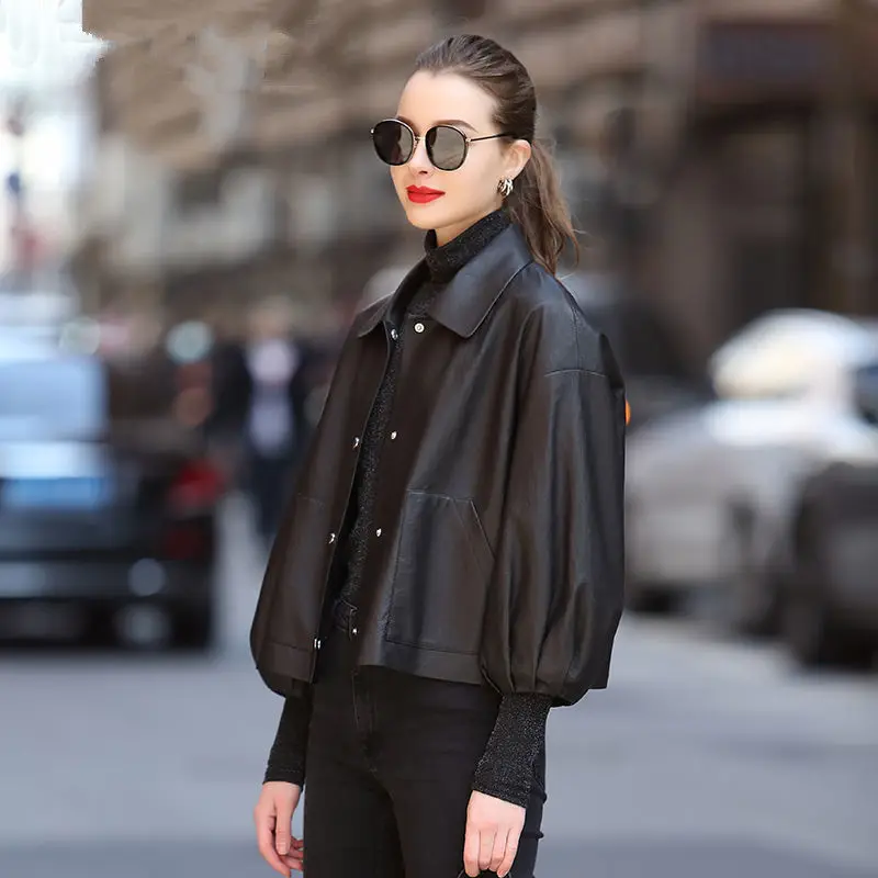 

faux Leather women's jacket PU leather short casual loose black spring and autumn new jacket women clothes outerwear
