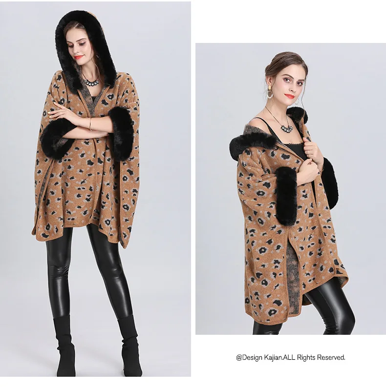 6 цветов SC332 зимний теплый плюс размер Модное пончо из искусственного лисьего меха женский леопардовый вязаный Свободный кардиган, пальто с меховой шапкой - Цвет: Same Color As Photo