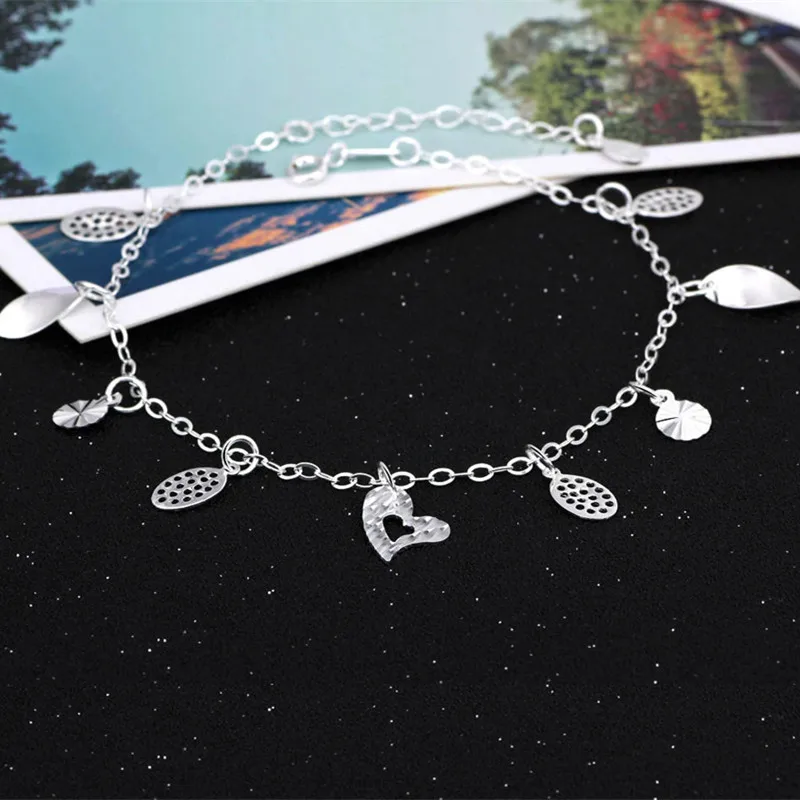 

Ming jiang Accessories S925 Fine Silver Tassels Anklet Leaf Heart Ankle Ring Korean-style Hipster Students Silver Foot Ornaments