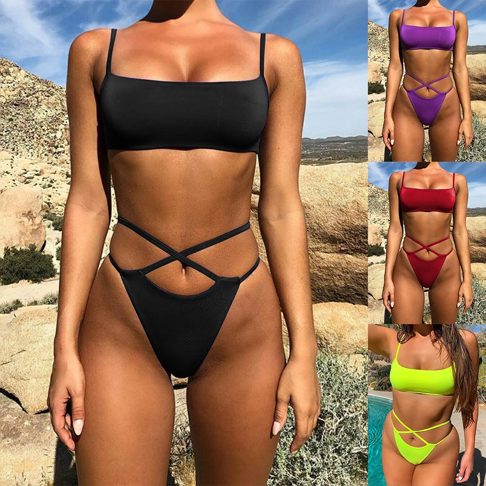 

Thong Bikinis Set High Waist Bathing Suit Sexy Cross Back Brazilian Swimwear Women Swimsuit mujer Bikini Push Up monokini