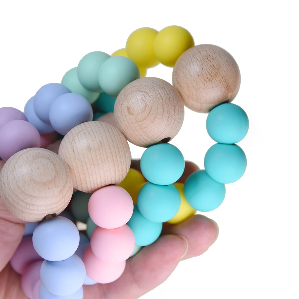 Mabochewing 1pcs Baby Teething Silicone Beech Wooden Round Beaded Bracelet Chewing Rattle Toys BPA FREE Teethers