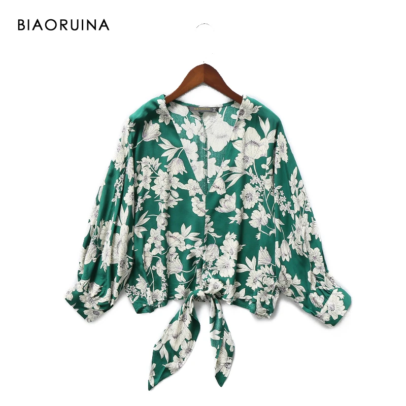 BIAORUINA Женская винтажная зеленая короткая рубашка с цветочным принтом, украшенная бантом, женская модная свободная Элегантная блузка с глубоким v-образным вырезом, топы
