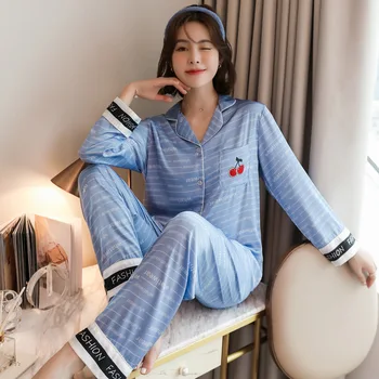 

Blue Print Cherry 2PCS Shirt &Pant Pajamas Sets Women Rayon Pyjamas Sleep Suit 2020 Spring New Loose M-XL Sleepwear Home Clothes
