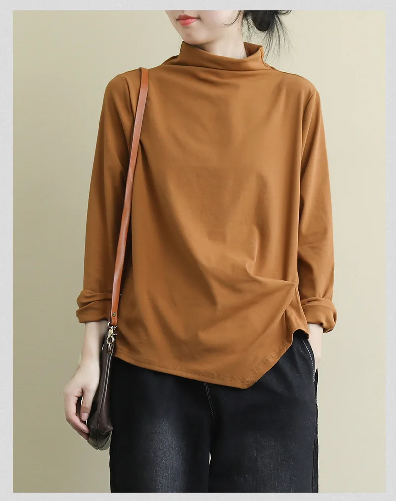 QPFJQD Spring Autumn Womens Cotton T Shirt Literary Long Sleeve Turtleneck Top Tees Ladies Warm Keep Shirt Mori Girls Tshirts
