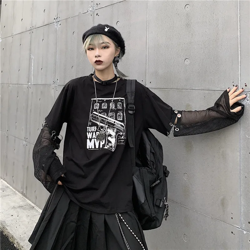 Lychee Harajuku/женские футболки с принтом пистолета, топ-футболка, поддельные женские футболки 2 шт., топы-футболки с кольцом и сеткой, Лоскутная Женская футболка с круглым вырезом