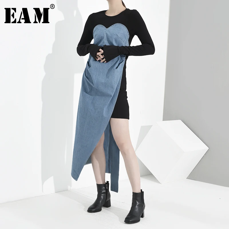 

[EAM] Women Asymmetrical Denim Split Long Dress New Round Neck Long Sleeve Loose Fit Fashion Tide Spring Autumn 2020 1K0730