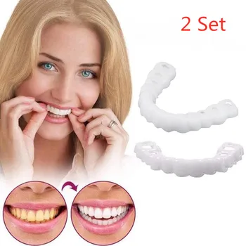 

2PCS Upper+2PCS Lower Denture Teeth Whitening Fake Tooth Cover Comfort Fit Snap On Silicone Beauty Veneers Teeth Cosmetic Teeth