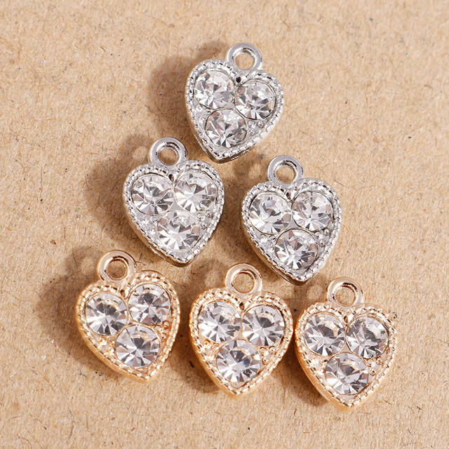 10*13mm Small Crystal Love Heart Charms for Jewelry Making Gold Silver Color Alloy Charms Pendants Fit Necklaces Earrings