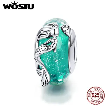 

WOSTU 925 Sterling Silver Mermaid Murano Glass Beads Green Crystal Fit Original Bracelet Accessories DIY Charms Jewelry CQC1154