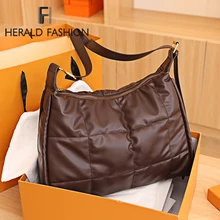 

Winter Space Pad Cotton Women Shoulder Bag Soft Fluffy Brown Crossbody Bag Big Quilted Female Shopper Pack Lady Nylon Padded Bag