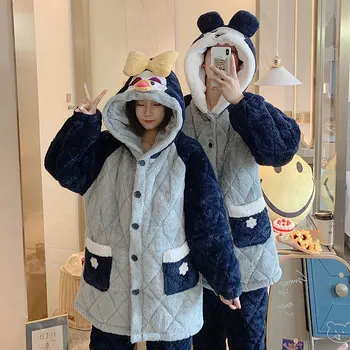 

2020 Autumn Winter New Nightwear Women Flannel 2PCS Pajamas Suit Lovers Kimono Robe Gown Soft Sleepwear Thicken Bathrobe
