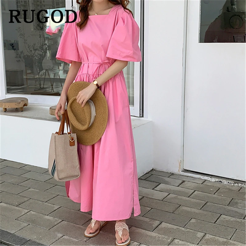 RUGOD корейские ins сплошное свободное летнее платье модное сзади однобортное женское платье повседневное квадратный воротник Сплит Макси платье