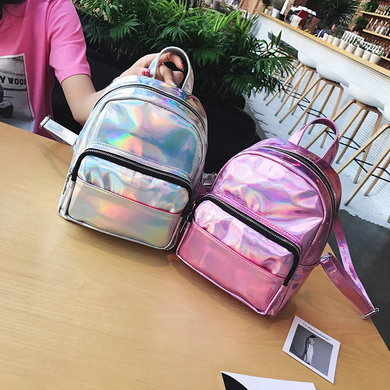

2019 new fashion leisure double shoulder bag laser colorful bright face woman bag double shoulder backpack