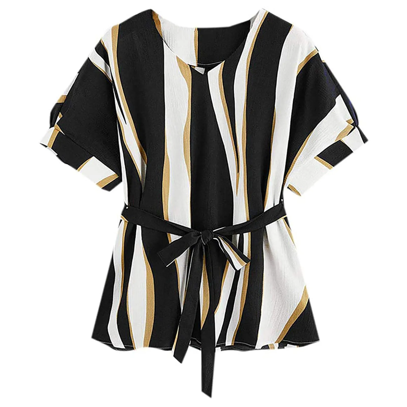 Elegant Blouse Women Shirts Office Lady Work Wear Women's V Neckline Printed Work Self Tie Short Sleeve Blouse Tops#g30 1