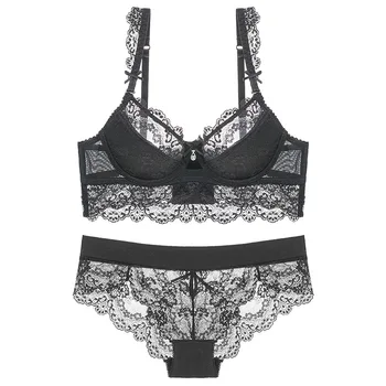 

Sexy Lace Push Up Bras Thin Underwear Set Women Lingerie Plus Size C D Cup Transparent Bra and Panty Sets Embroidery Brassiere