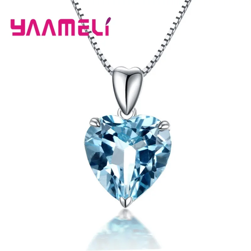 

925 Sterling Silver Necklace Pendant Heart Blue Zircon Crystal Stone Renctangle Chain Fashion Women Jewelry Wedding Promise Gift