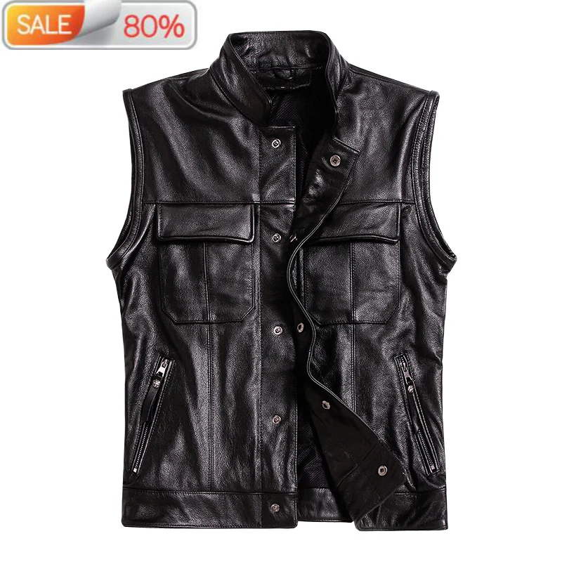 

Genuine Vest Men Real Cowhide Coat Motorcycle Jacket Man Vests Male with Many Pockets Leather Jackets L-M-3 2709
