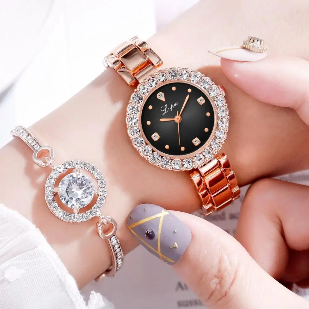 cheap Ladies Bracelet Quartz Watch Set Luxury Women Rose Gold Rhinestones Crystal Dress Clock Fashion Watches Relogio Feminino