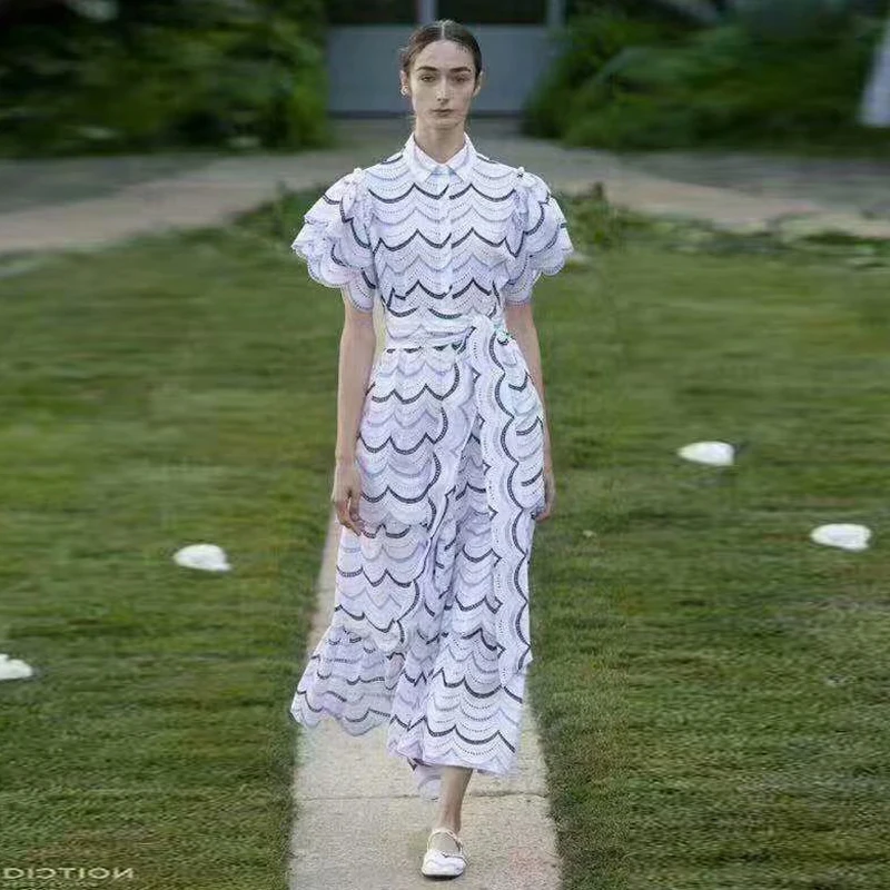

Spring And Summer New Catwalk Fashion Women'S Ruffle Embroidery Embroidered Casual College Style Elegant Party Midi Shirt Dress