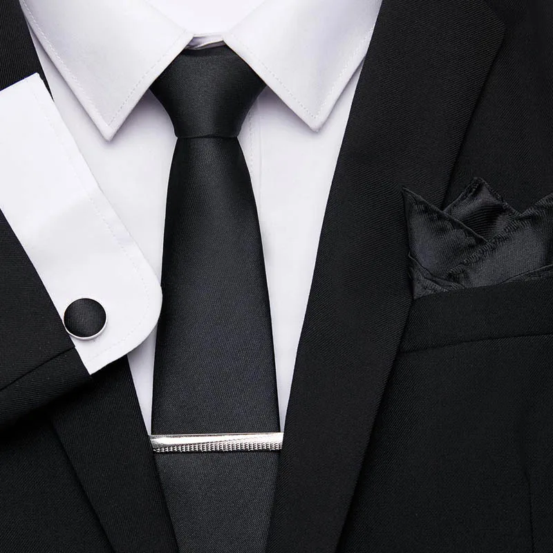 

Black Soild Tie Men's 7.5cm Silk Necktie Set Wedding Solid Tie Hanky Cufflinks&Clip Set