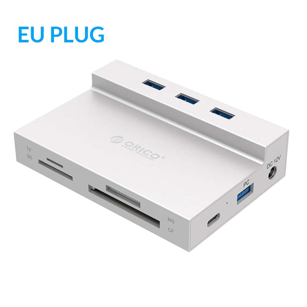 ORICO USB 3.0 HUB to Multi USB3.0 RJ45 SD/TF/MS/CF Type C Adapter Splitter Card Reader Dock Support BC1.2 Charging For Computer - Color: Sliver EU Plug