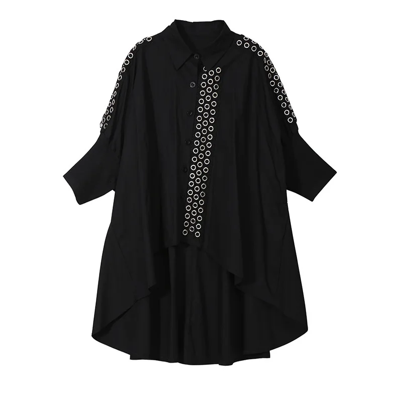 MEVGOHOT Женская мода выдолбленный длинный Shirtt плюс размер сплошной Лоскутная гофрированная Асимметричная блузка женская HW075