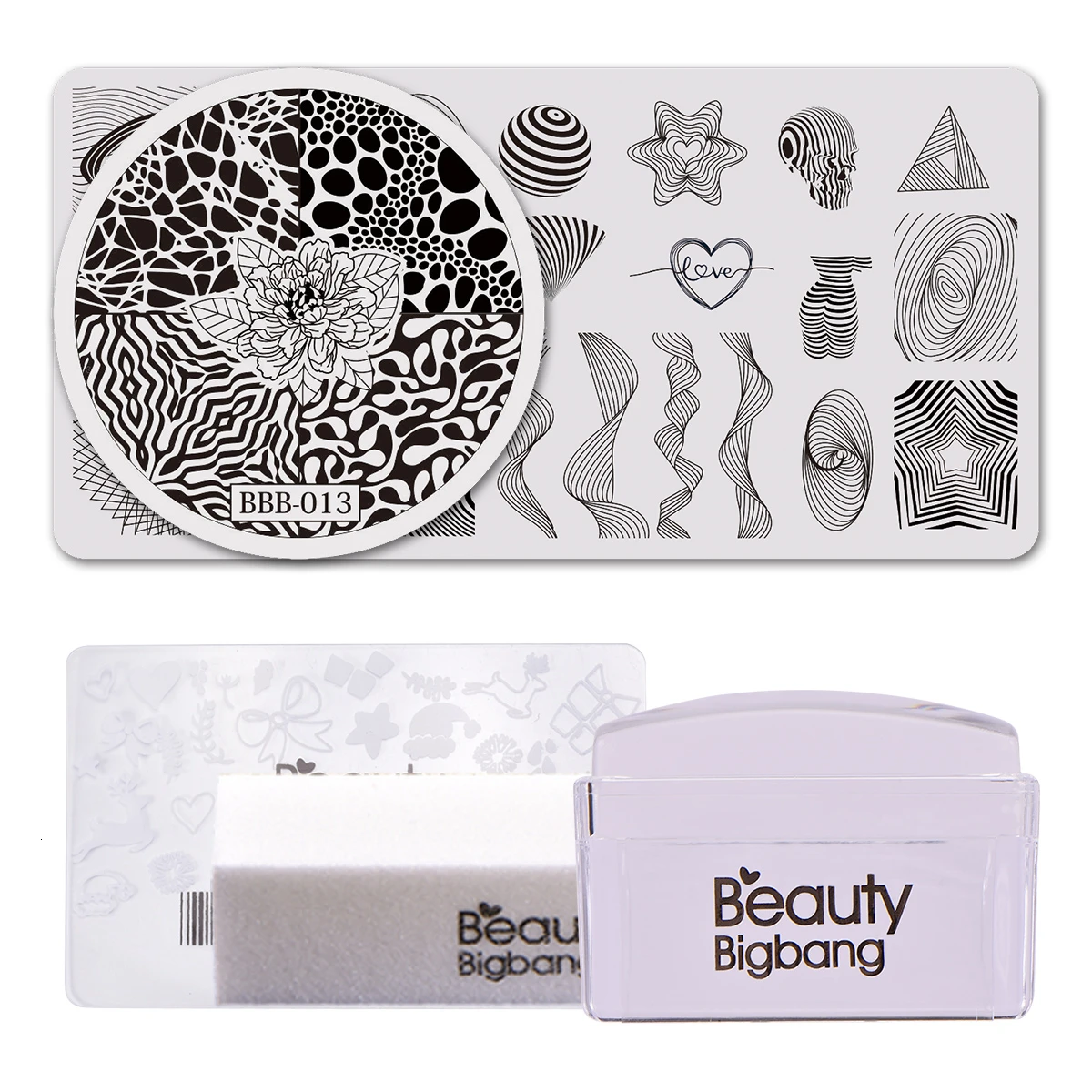 

Beauty BigBang Stamping Plates Set Nail Flower Dot Point Geometry Image Stamper Buffer Stainless Steel Templates Nail Art Set
