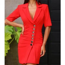 

Casual Mini Dress 2021 Ladies Button Waist Blazer Office Ladies Irregular Lapel Short Sleeve Slim Business Ladies V Neck Dress