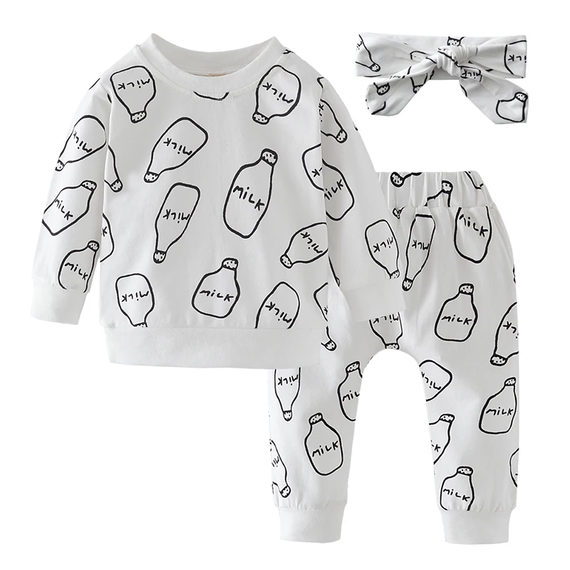 3Pcs Newborn Baby Clothes Girl Set Cotton Cute Cartoon White Long Sleeve Tops Pants Headband Fashion Infant Clothing Outfit 2020 | Детская