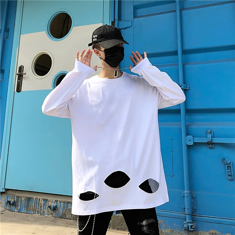 Унисекс весна roupas ulzzang Корейская женская одежда пара хипстер Харадзюку Свободный Повседневный длинный рукав отверстие Топы Длинные футболки - Цвет: Белый