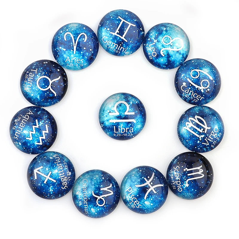 10/20pcs Blue 12 Constellation Astrology Pattern 10/12/14/18/20/25mm Round Flatback Glass Cabochon Spacer For DIY Jewelry Making