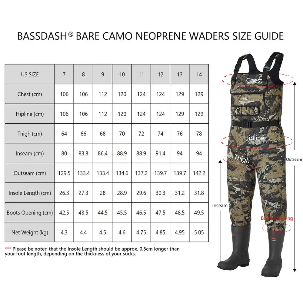 Bassdash Bare Camo Neoprene Chest Fishing Hunting Waders for Men