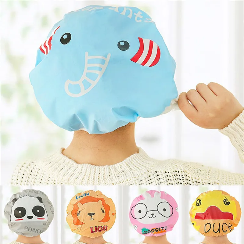 

1pc Colorful PVC Cute Cartoon bath hat Animal Waterproof Shower Cap Resuable Lace Elastic Band Bath Hair Caps Hat