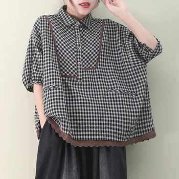 

[EWQ] 2020 Spring Summer New Pattern Lapel Short Sleeve Plaid Patchwork Single Breasted Vintage Shirt Women Blouse AJ01801