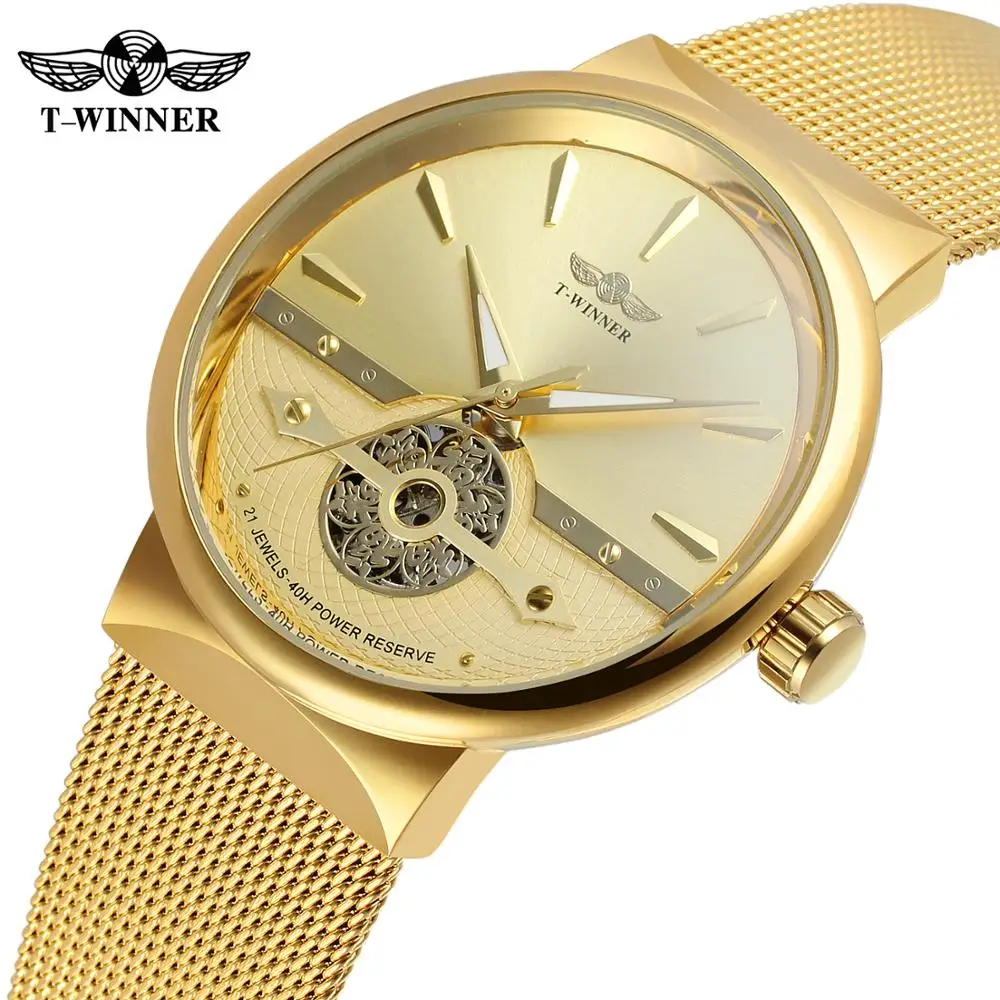 

Winner Golden Male Watches Automatic Business Wrist Watch Skeleton Analog Mesh Steel Band Self-Wind Mechanical Reloj Hombre Saat