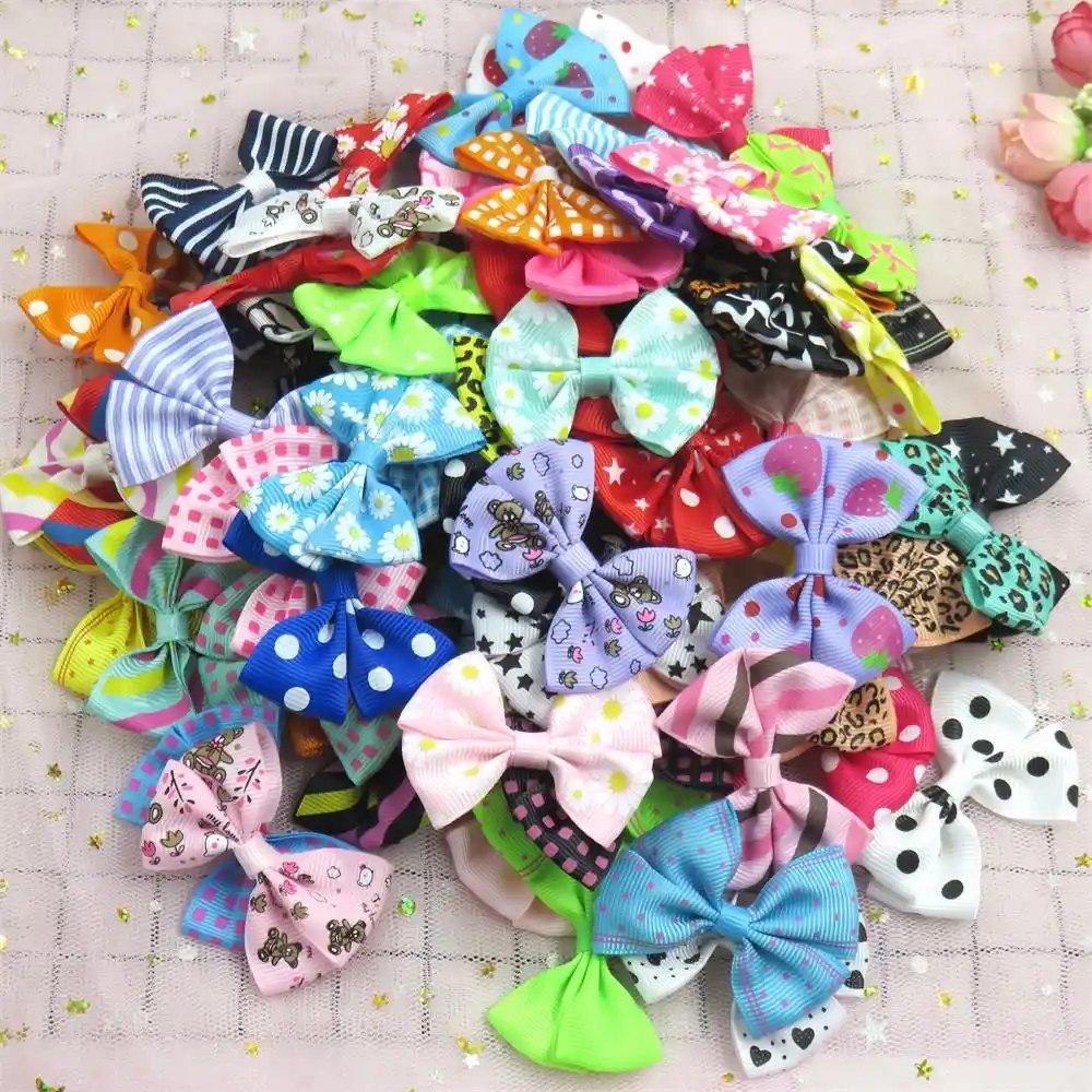 20pcs Diff Random Style Color Ribbon Girl Medium Bow Elastic Hair