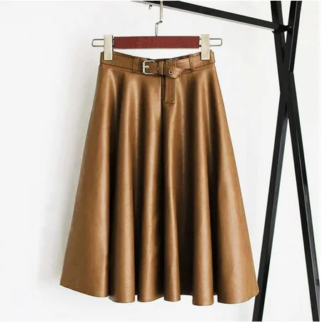 Хаки 4xl 5XL Женские юбки из искусственной кожи больших размеров, Женская осенне-зимняя повседневная свободная трапециевидная юбка из искусственной кожи с поясом красного цвета - Цвет: Хаки