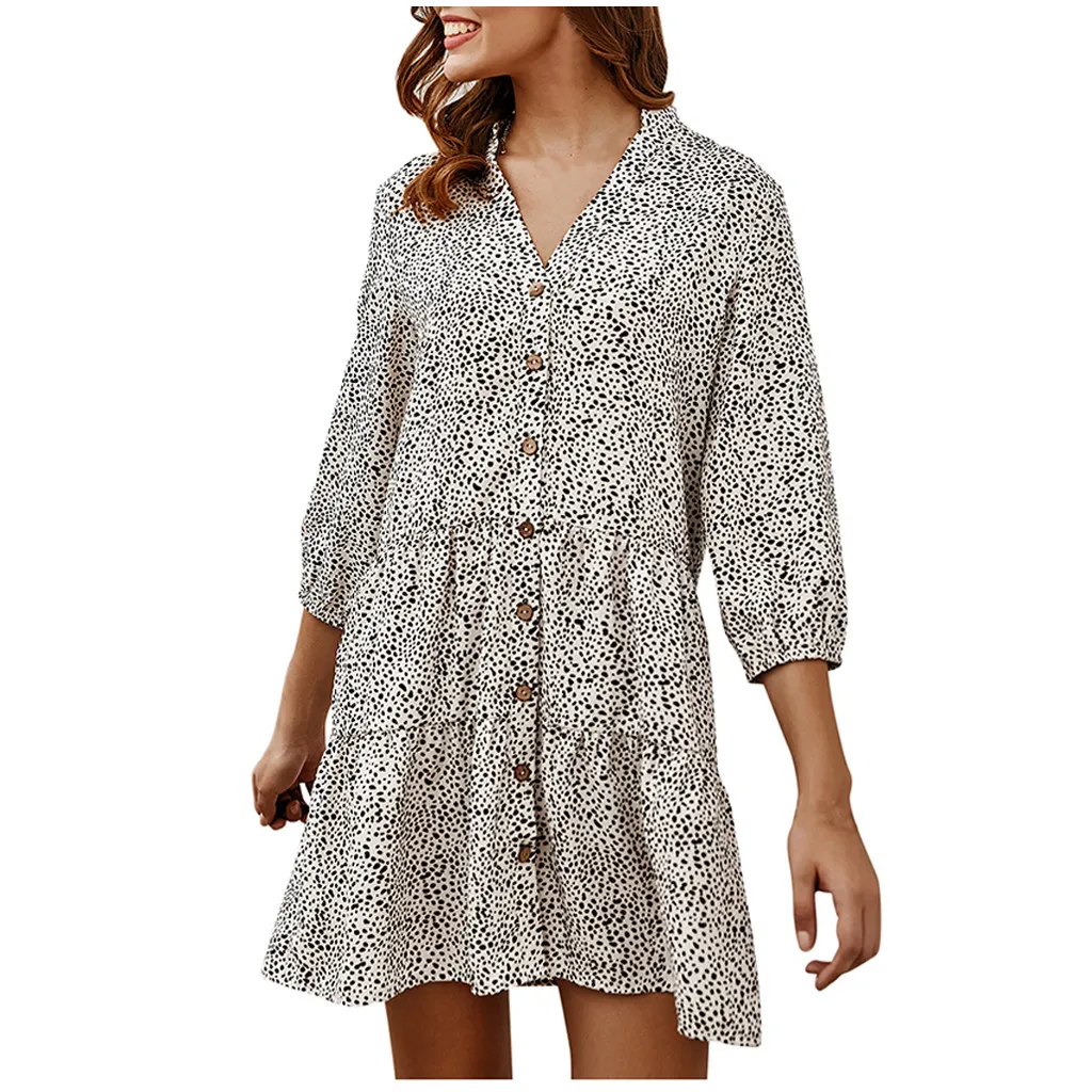 Feitong/женское платье, Vestidos, модное, Bohe, в горошек, с рукавом 3/4, v-образный вырез, на пуговицах, свободное, мини, женское платье, ropa mujer